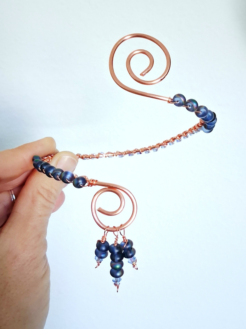 Copper Spiral Arm Cuff with Blue Bead Accents